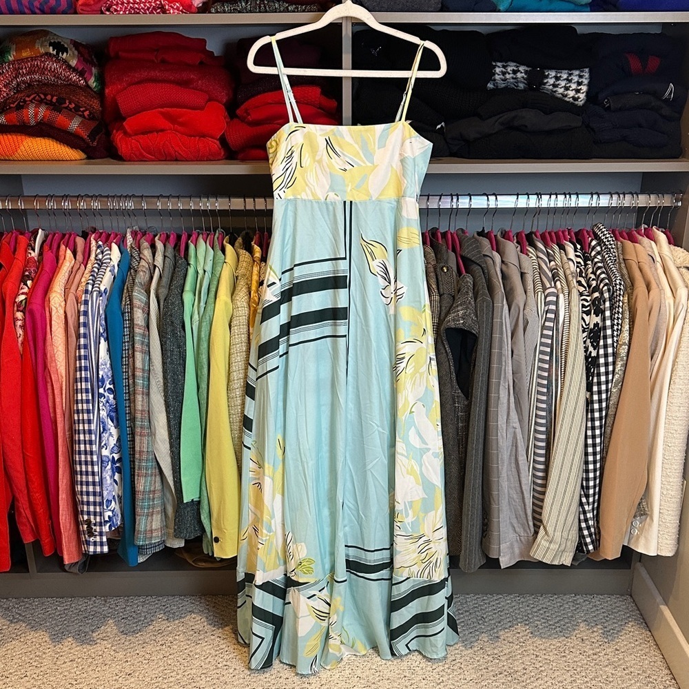Unbranded blue/yellow/green print smocked adjustable strap maxi dress XS NWOT